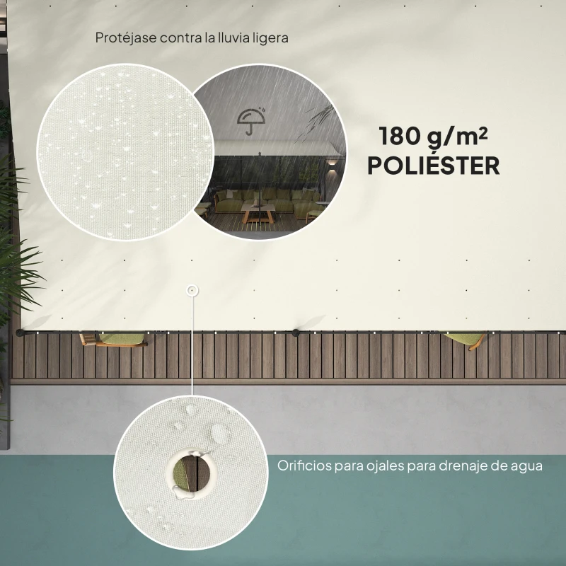 Outsunny Pérgola de Pared 3x6 m con Techo Inclinado Orificios de Drenaje y Estructura Metálica Blanco Crema