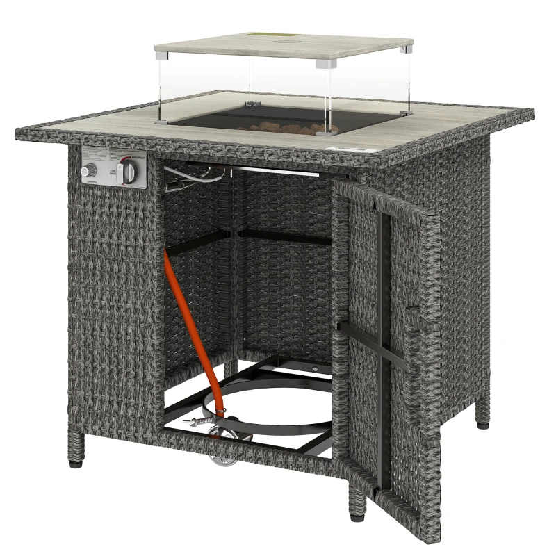 Outsunny 14.5 KW Rattan Gas Fire Pit Dining Table with Rain Cover, Wind Guard, Lid, Lava Rocks, Dark Grey