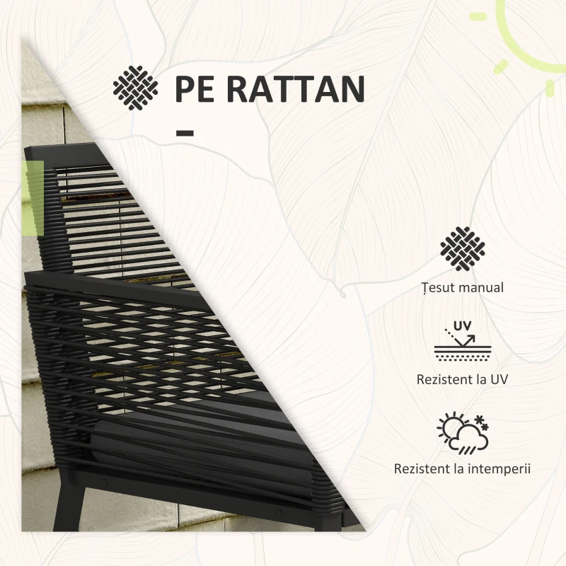 Outsunny Set de Mobilier de Grădină din 3 Piese din Ratan, Set cu Masă din Sticlă Securizată și Perne Moi, 53x57x77 cm, Negru