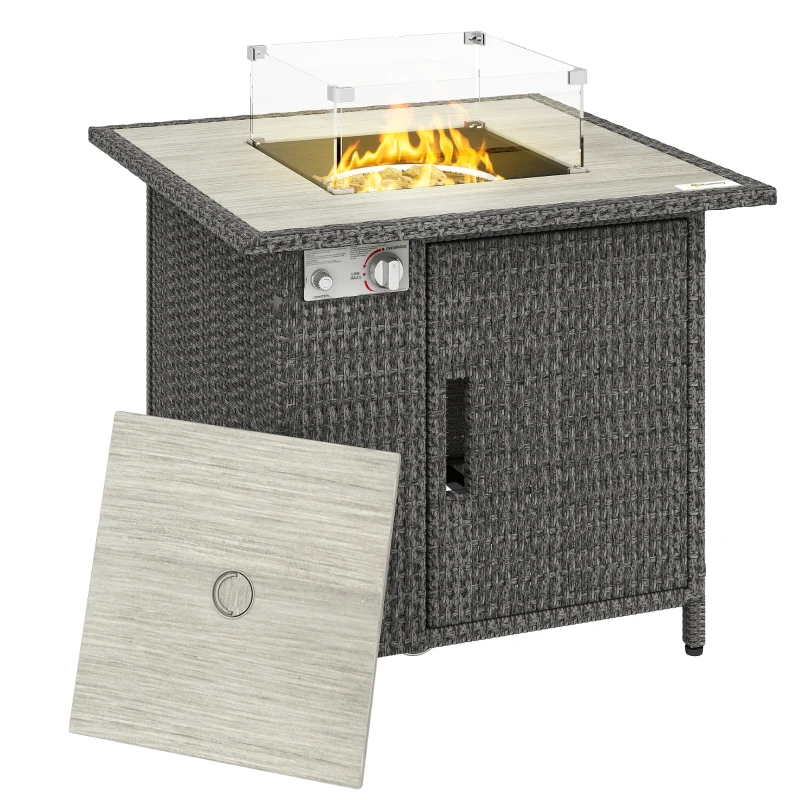 Outsunny 14.5 KW Rattan Gas Fire Pit Dining Table with Rain Cover, Wind Guard, Lid, Lava Rocks, Dark Grey