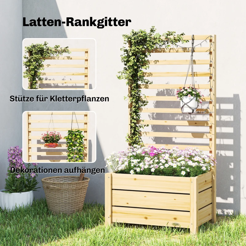 Outsunny Hochbeet mit Rankgitter Holz erhöhter Blumenkasten mit Spalier Abflussloch Vliesstoff 60 x 39 x 120 cm Naturholz