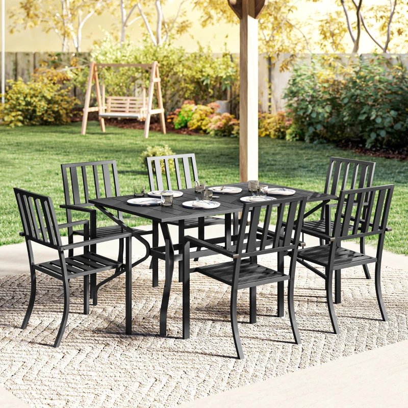 Outsunny 7 Pieces Garden Table and Chairs 6 Seater Outdoor Table and Chairs with Umbrella Hole, for Poolside, Garden, Black
