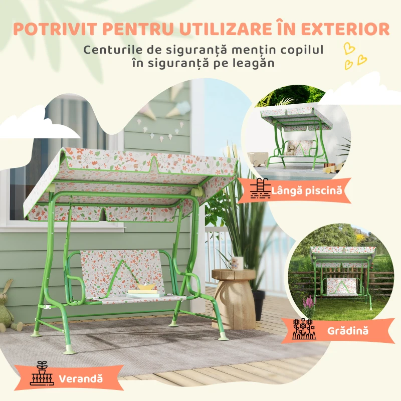 AIYAPLAY Balansoar pentru Copii de Exterior cu 2 Locuri cu Copertină Reglabilă și Centuri de Siguranță, 112x75x120 cm, Verde