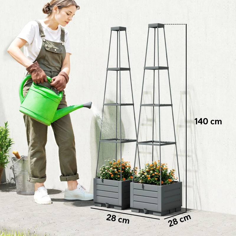 Outsunny 2 Pack Raised Garden Bed with Trellis, Plastic Outdoor Planter Box with Removable Drainage Tray