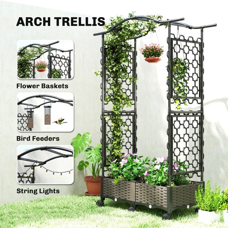 Outsunny Raised Garden Bed with Arch Trellis, Raised Bed for Garden on Wheels with Side Trellis, Self Watering Planter Box