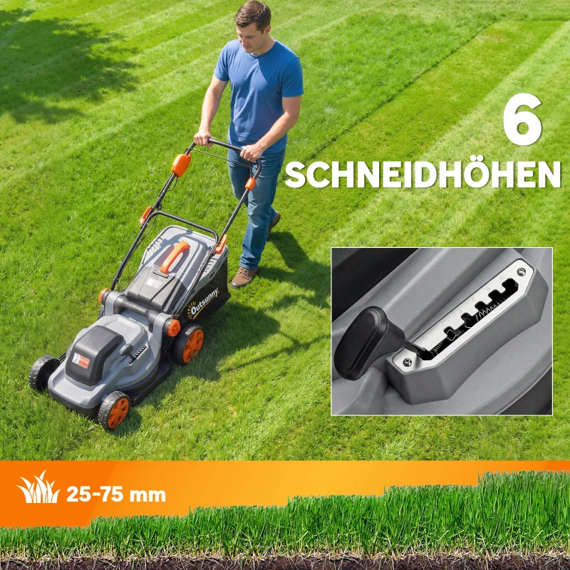 Outsunny Elektrische grasmaaier 1200 W met 34 cm maaibreedte 35L opvangbak mulchfunctie 6 maaihoogtes verstelbare handgreep