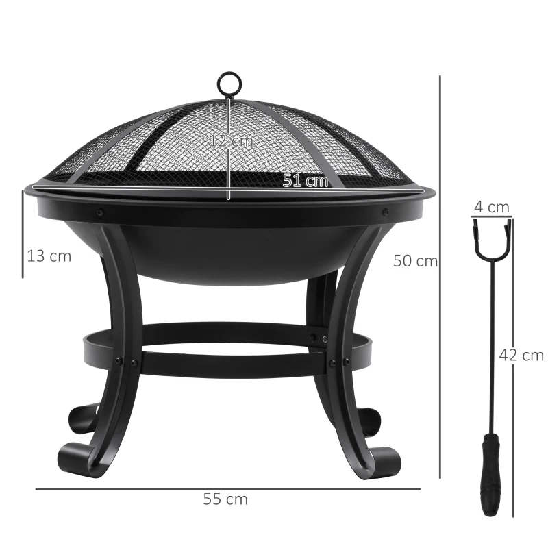 Outsunny Outdoor Fire Pit, Firepit with Mesh Lid, Poker, for Camping, Bonfire, Picnic, Black