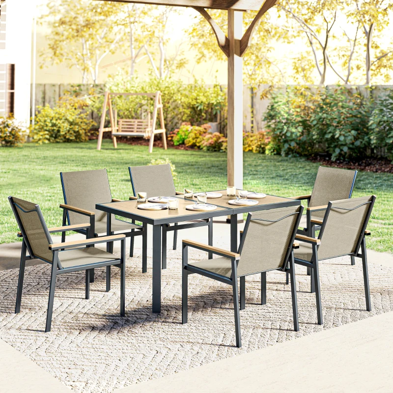 Outsunny Seven-Piece Metal Garden Dining Set, with Glass-Top Table - Khaki