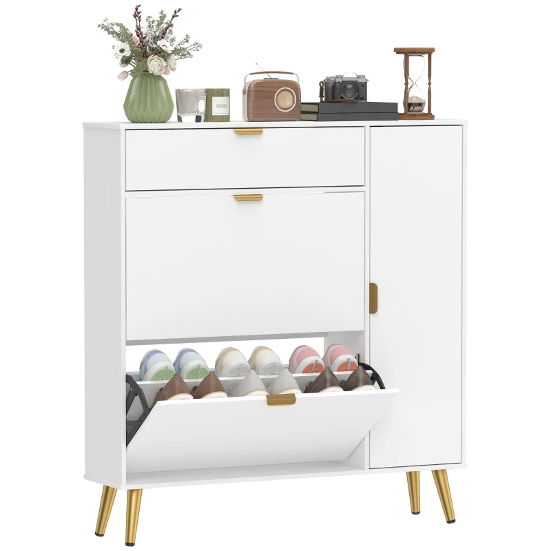 HOMCOM Dulap pentru pantofi 12 perechi, dulap pentru încălțăminte, 2 sertare basculante, 4 compartimente, 99,4x23,8x106,6cm, alb