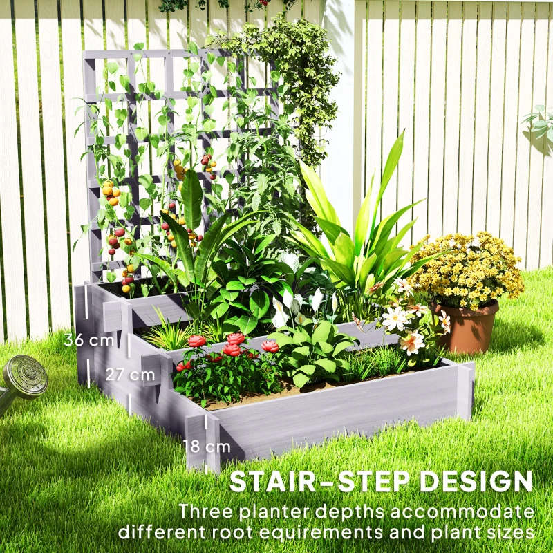 Outsunny 3 Tier Garden Planters with Trellis for Vine Climbing, Wooden Raised Beds, 95x95x110cm, Grey