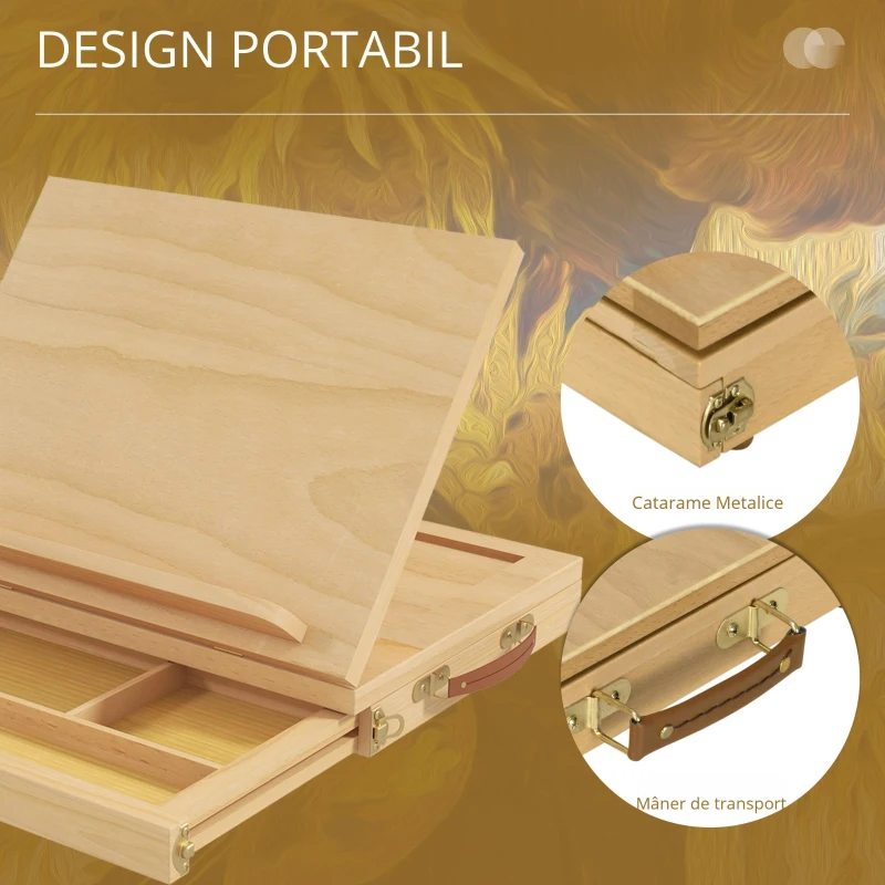 Vinsetto Șevalet pentru Pictură, Pliabil, cu Înclinare Reglabilă și Sertar cu Rafturi, 33,5x26x26 cm, Lemn Natural