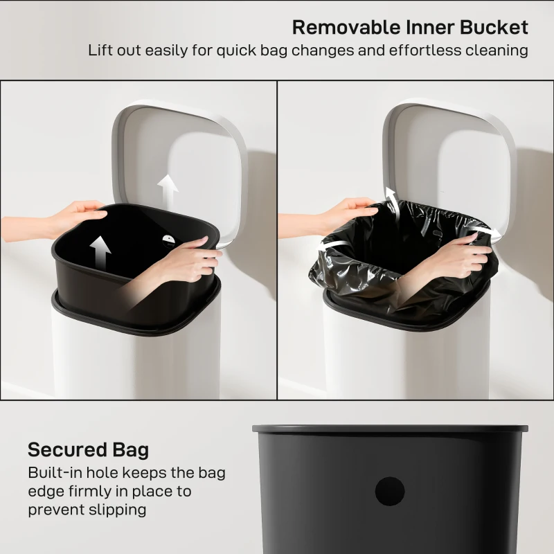 HOMCOM 30L Kitchen Bin, Compact Pedal Bin with Soft-Close and Stay-Open Lid, Removable Bucket for Kitchen, Home, Office, Cream