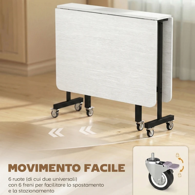 HOMCOM Tavolo Pieghevole per 4-6 Persone con 2 Ribalte e Ruote con Freno, 120x80x73 cm, Bianco Legno