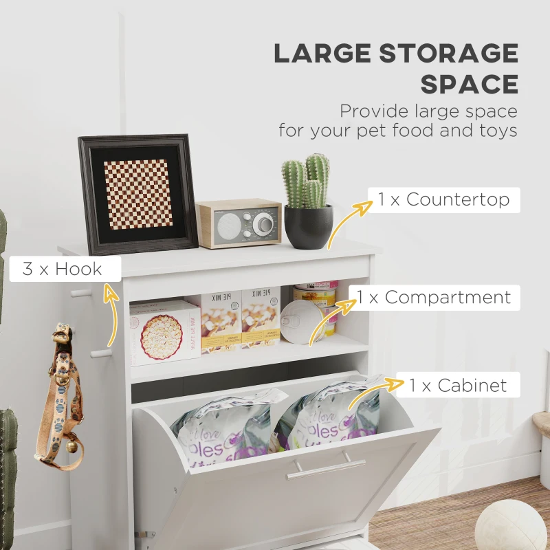 PawHut Pet Feeder Station, Dog, Cat Storage Container, with Raised Bowls, Hanger, Cabinet - White