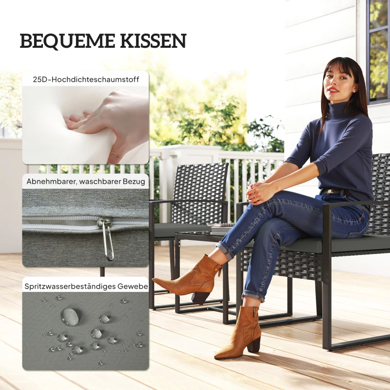Outsunny Rattan Bistroset, 3 teiliges Gartenmöbel-Set mit 2 Gartenstühlen, Couchtisch, abnehmbar Kissen Dunkelgrau