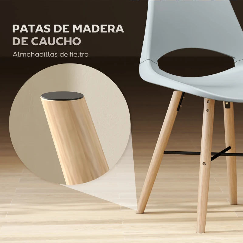 HOMCOM Pack de 2 Sillas de Comedor de Plástico con Respaldo Curvado y Patas de Madera de Caucho Gris