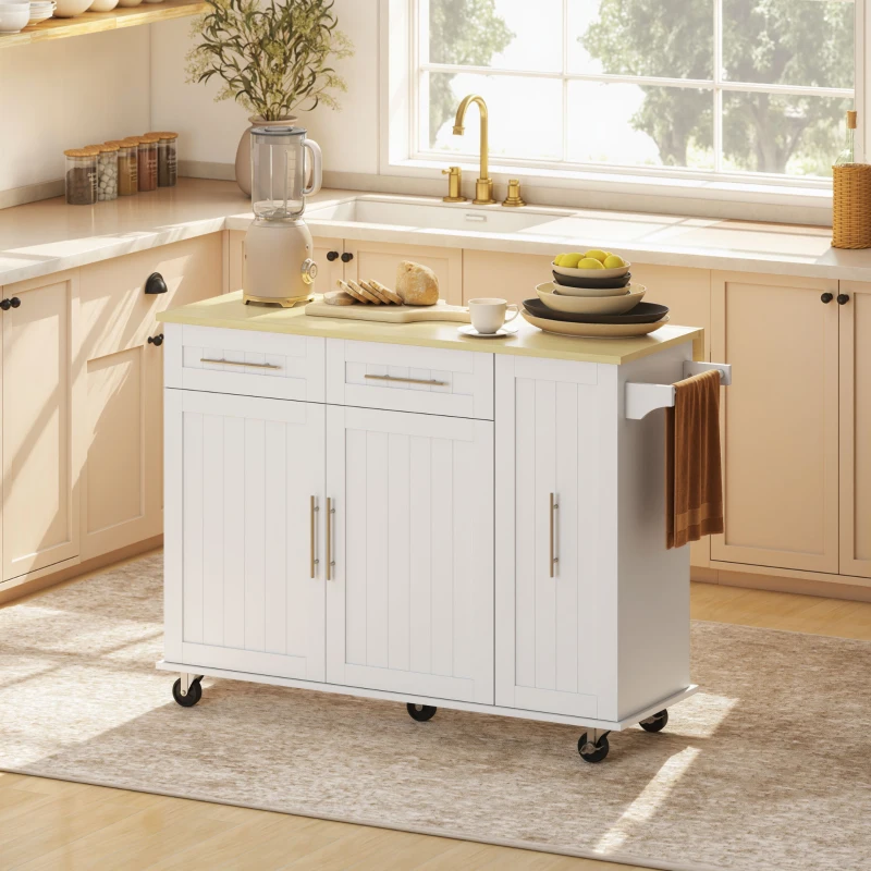 HOMCOM Verrijdbaar keukeneiland, uitschuifbaar werkblad, kastdeuren, lades, handdoekhouder, keukentrolley van MDF, Wit(m-10)