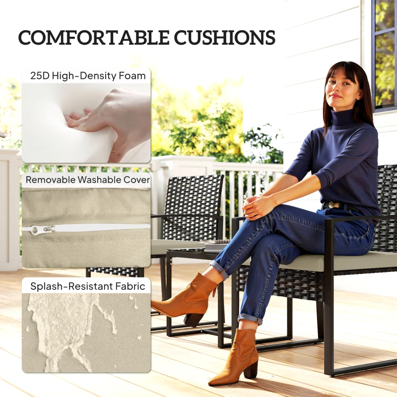 Outsunny Rattan Bistro Set, 3 Piece Garden Furniture Set with Glass Top Table and Cushions, Khaki