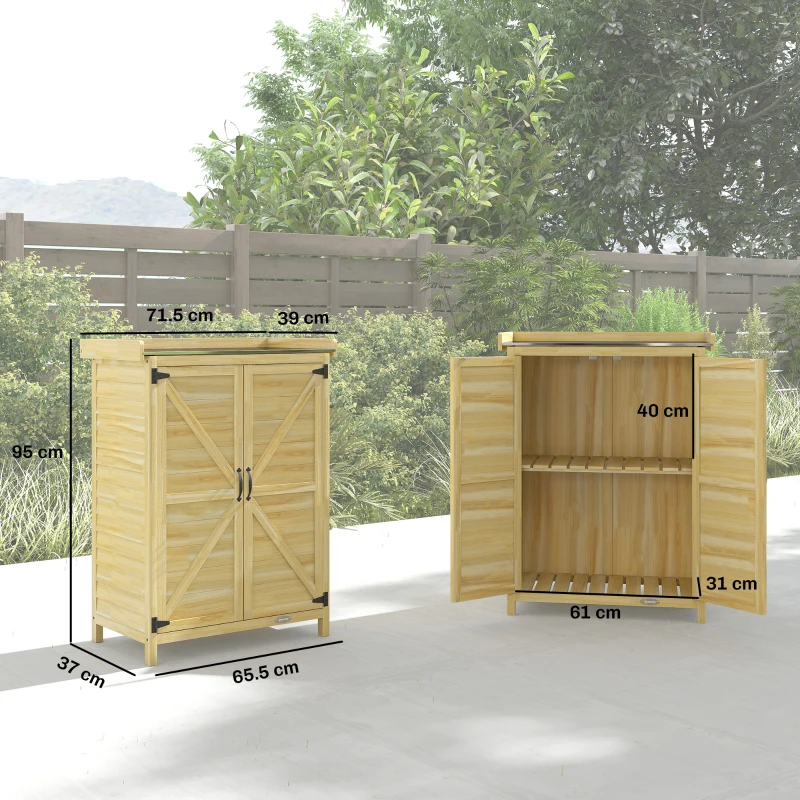 Outsunny Armadio da Giardino in Legno con Piano in Acciaio, Ripiani e Ganci, 71.5x39x95 cm