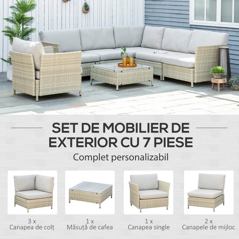 Outsunny Mobilier pentru gradina 7 bucati, modular cu masuta, fotoliu, fotoliu de colt si 2 canapele din ratan PE cu perne, bej(m-4)