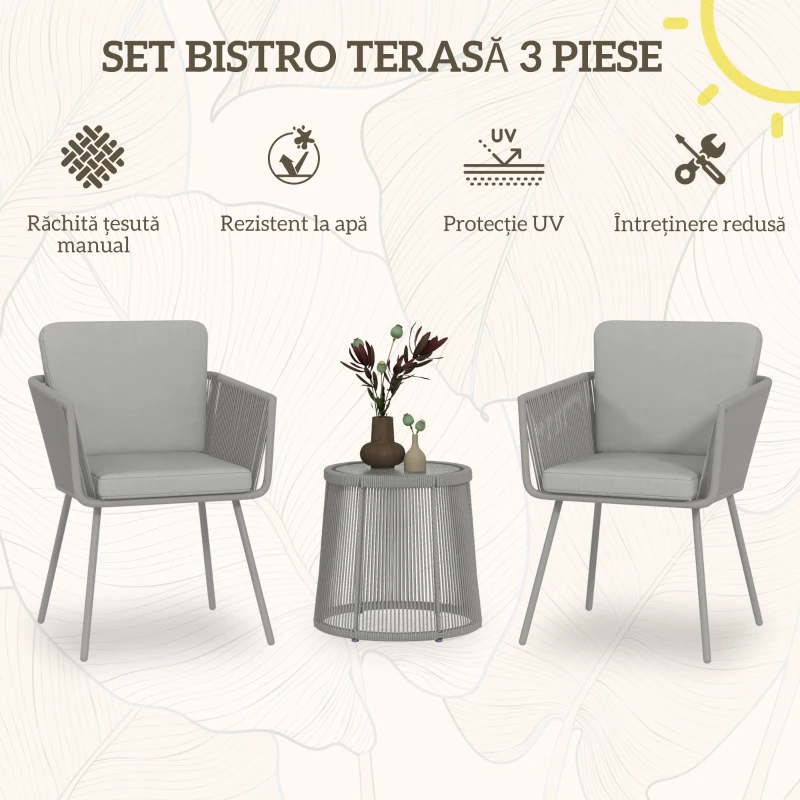 Outsunny Set Mobilier de Grădina cu 2 Scaune și Măsuță de Cafea cu Blat din Sticlă, Ø49x47 cm, Gri