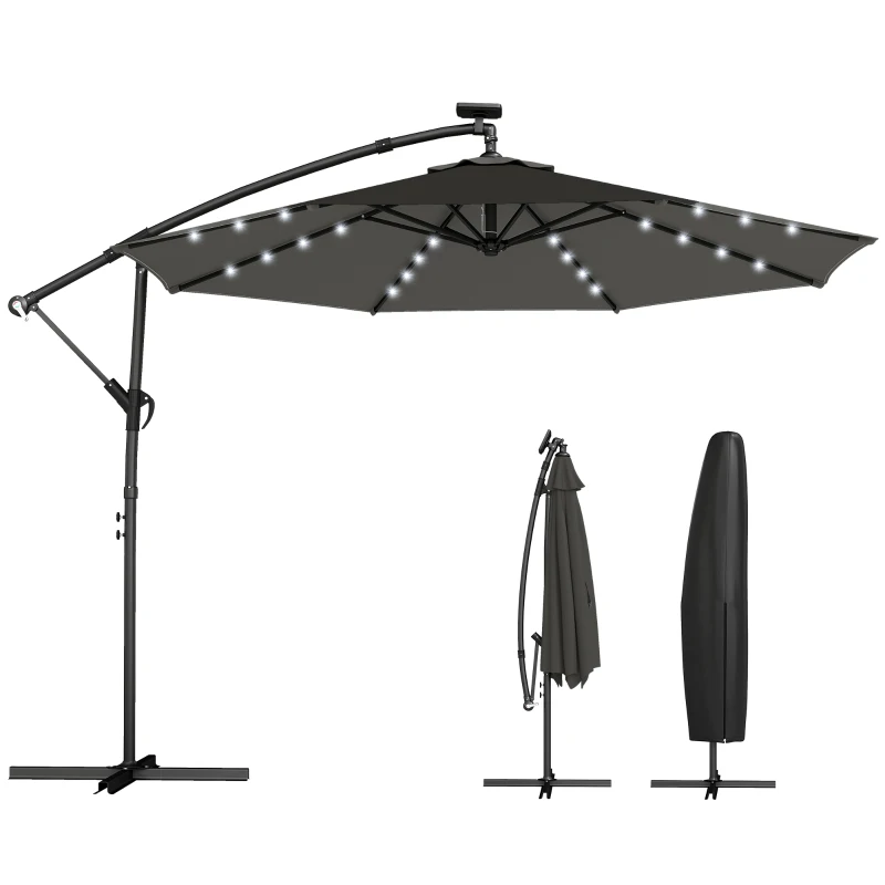Outsunny Vrijhangende parasol LED Solar ca. Ø300 cm draaibaar parasol met slinger, standaard, beschermhoes Donkergrijs