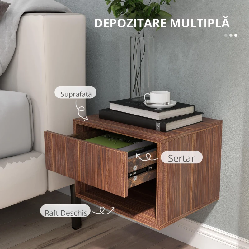 HOMCOM Set 2 Noptiere Suspendate cu Sertar și Raft Inferior Deschis, Noptiere pentru Dormitor din MDF, 40x34x29 cm, Maro(m-5)