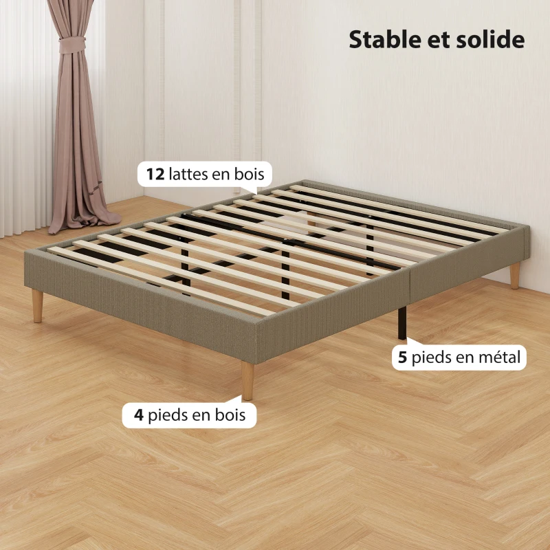 HOMCOM Cadre de lit 140 x 190 cm avec sommier à lattes en bois, lit double rembourré en velours côtelé, gris