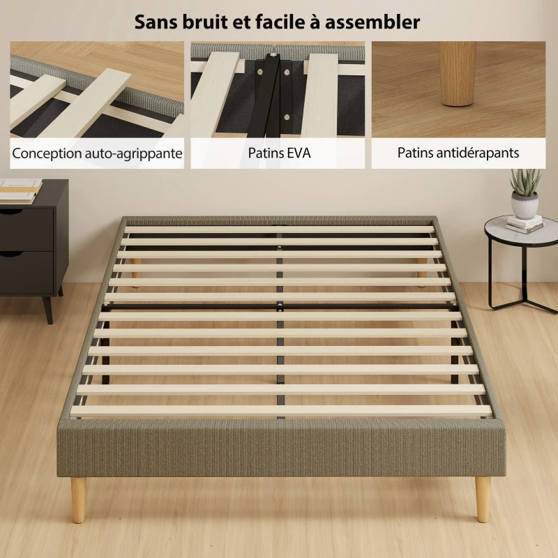 HOMCOM Cadre de lit 140 x 190 cm avec sommier à lattes en bois, lit double rembourré en velours côtelé, gris