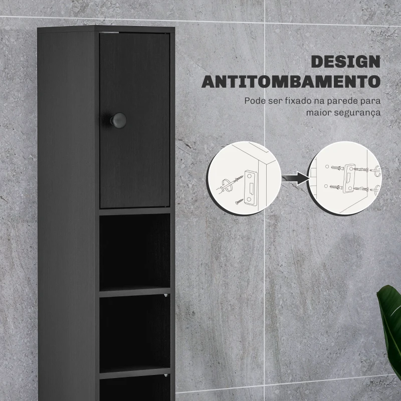 kleankin Coluna Casa de Banho Estreita com 1 Gaveta 4 Prateleiras Abertas e Prateleiras Ajustáveis 20x20x180 cm Preto