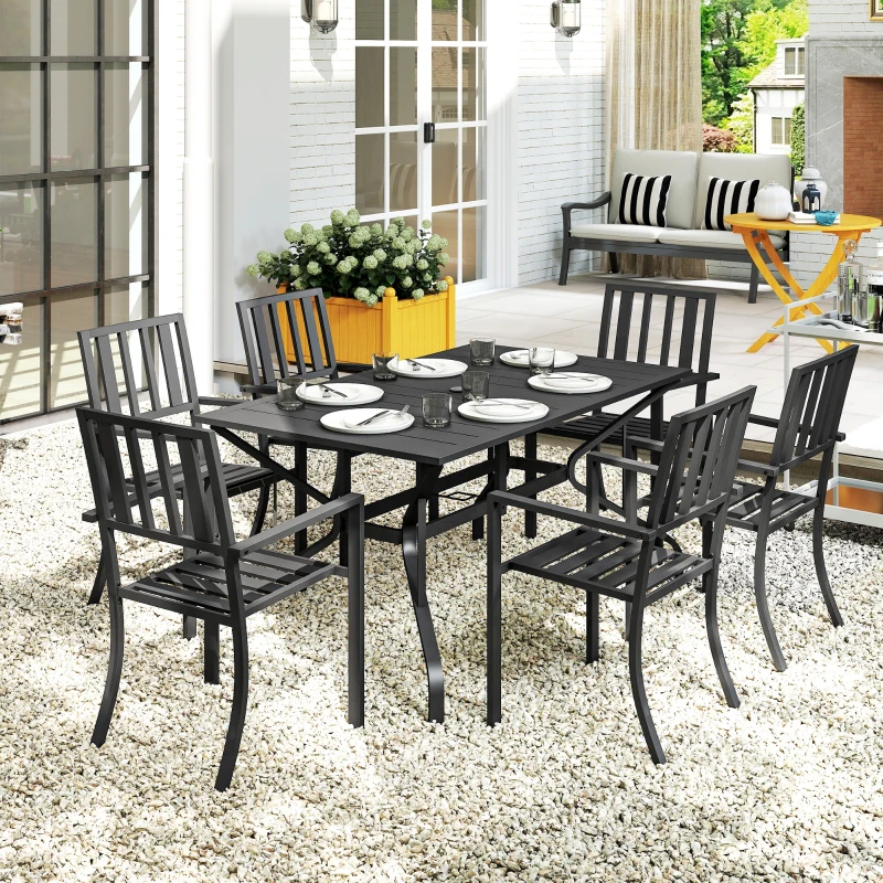 Outsunny 7 Pieces Garden Table and Chairs 6 Seater Outdoor Table and Chairs with Umbrella Hole, for Poolside, Garden, Black