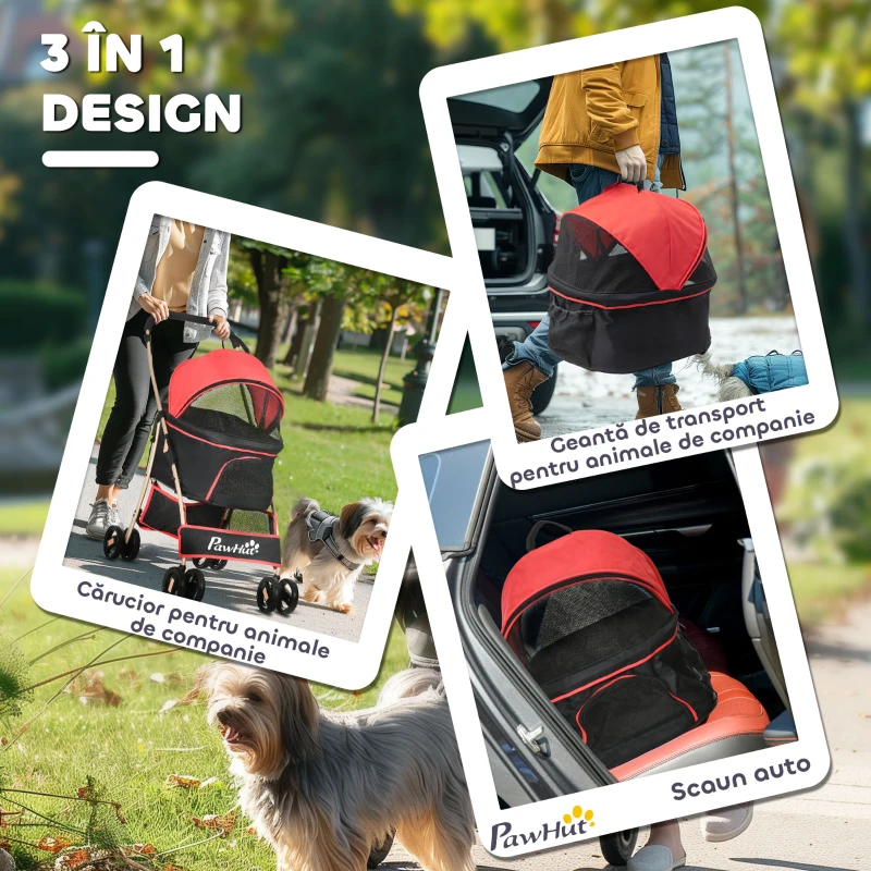 PawHut Cărucior pentru Câini Pliabil și Convertibil în Geantă de Transport cu 2 Lese și Pernă, 82x49.5x98 cm, Roșu