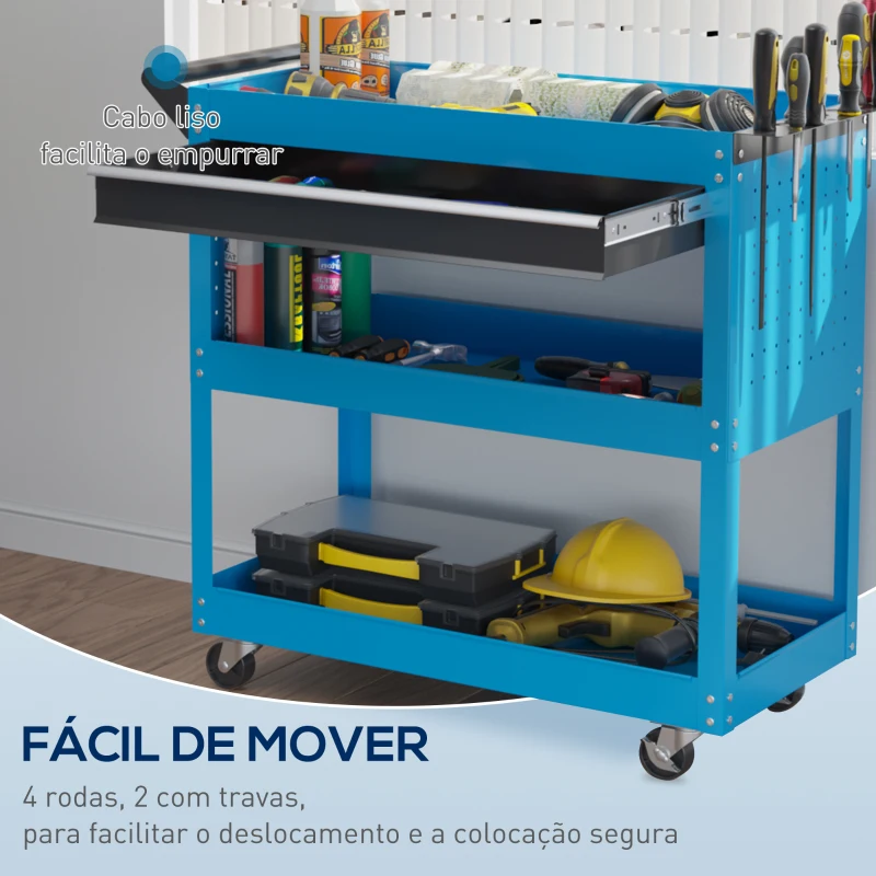 DURHAND Carrinho de Ferramentas com 3 Bandejas e Gaveta Rodas com Travões Pega Lateral Painel Lateral Perfurado 82x35x76 cm Azul