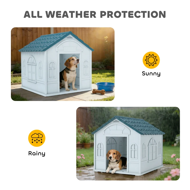 PawHut Plastic Weather-Resistant Dog House, for Indoors and Outdoors, Medium Dogs - White and Blue