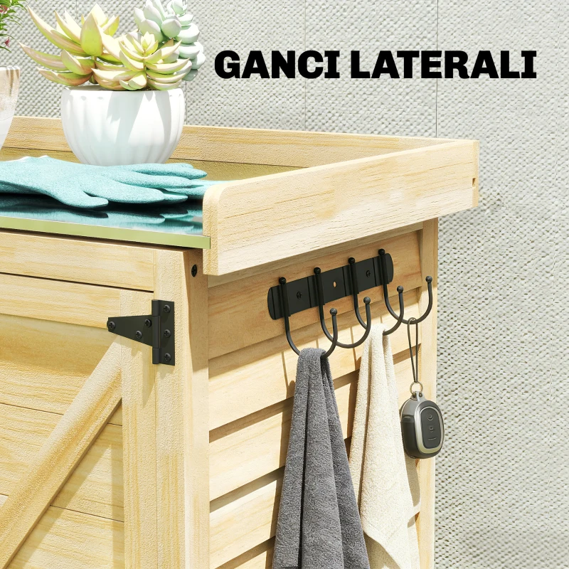 Outsunny Armadio da Giardino in Legno con Piano in Acciaio, Ripiani e Ganci, 71.5x39x95 cm