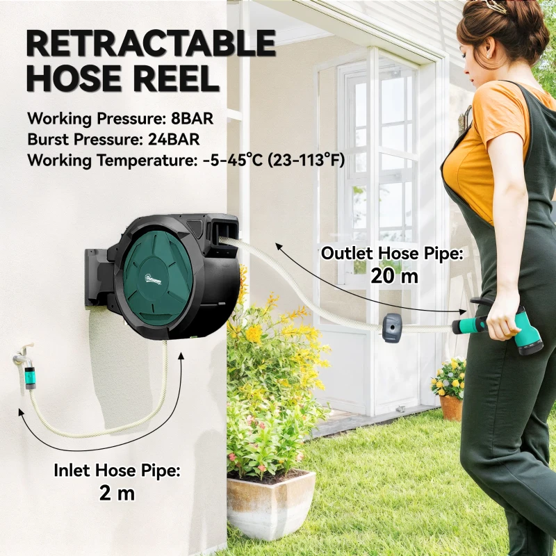Outsunny Retractable Hose Reel Wall Mounted, 20+2m Garden Hose Pipe Reel with Lock, Auto Rewind, 7 in 1 Spray Nozzle, Includes Wall Fixings, 180° Swivel, Outdoor Watering, 54 x 20 x 39 cm, Black