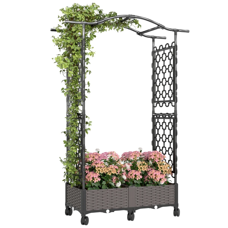 Outsunny Raised Garden Bed with Arch Trellis, Raised Bed for Garden on Wheels with Side Trellis, Self Watering Planter Box
