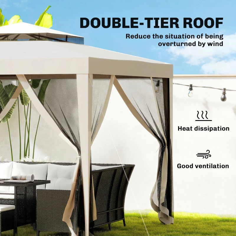 Outsunny 3 x 3 m Gazebo, Netting Party Tent, Patio Canopy Outdoor Event Shelter with Double Tier Roof, Beige