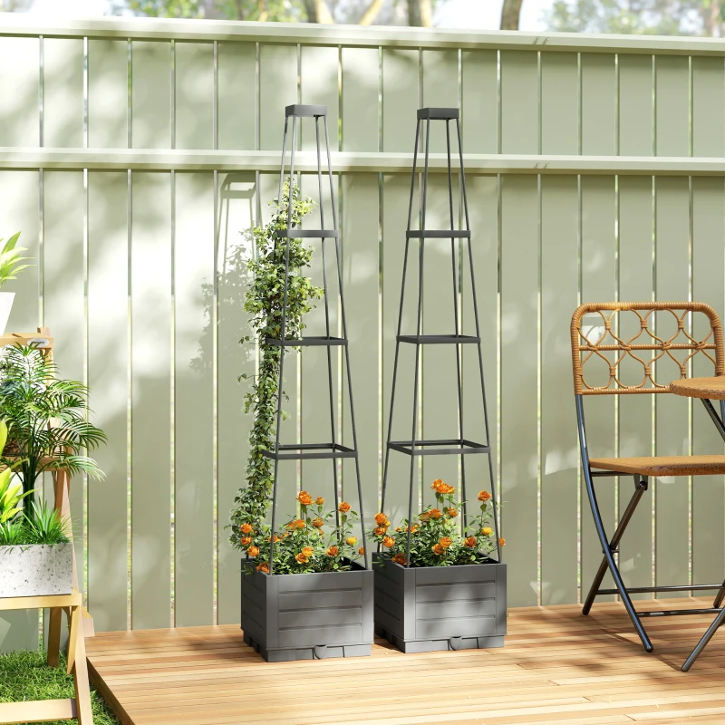 Outsunny 2 Pack Raised Garden Bed with Trellis, Plastic Outdoor Planter Box with Removable Drainage Tray