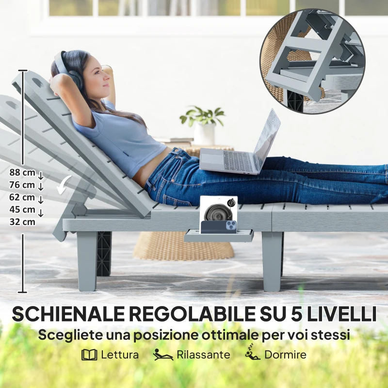 Outsunny Set 2 Lettini Prendisole con Schienale Regolabile e Vassoi, in Polipropilene, 62x158x88 cm, Grigio Scuro