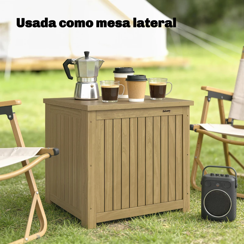 Outsunny Baú de Exterior em Madeira 130L Arca de Armazenamento com Forro Tampa Articulada e Correia 63x51x58,5 cm Castanho