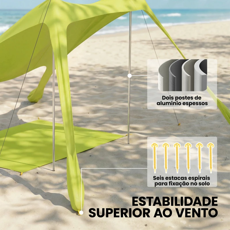 Outsunny Tenda de Praia Dobrável com Tapete UPF50+ Postes de Alumínio Pá Estacas e Bolsa de Transporte 208x200 cm Verde