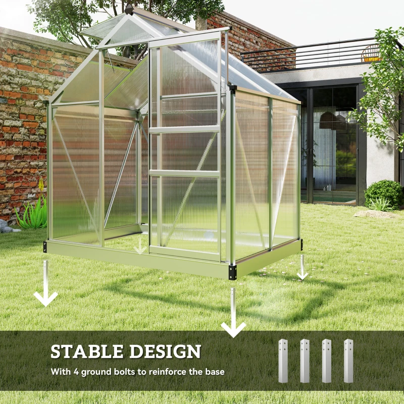 Outsunny Polycarbonate Greenhouse, Large Walk-In Green House with Slide Door and Window, Aluminium Frame, 6x4ft, Silver Tone