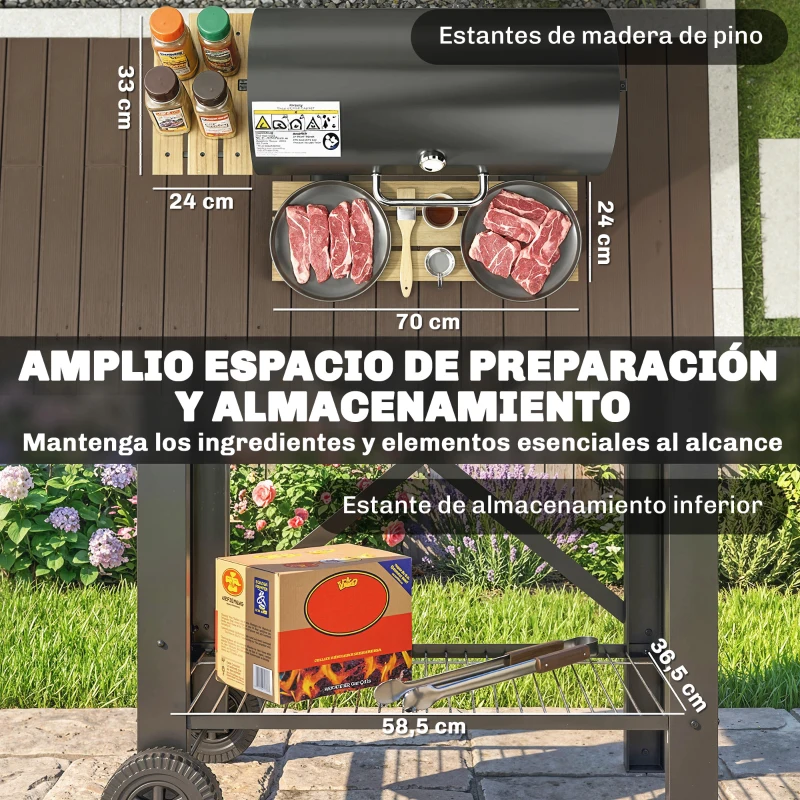 Outsunny Barbacoa de Carbón Portátil Móvil con Estantes Plegables Termómetro Tapa Ventilaciones Ajustables 109x71x98 cm Negro