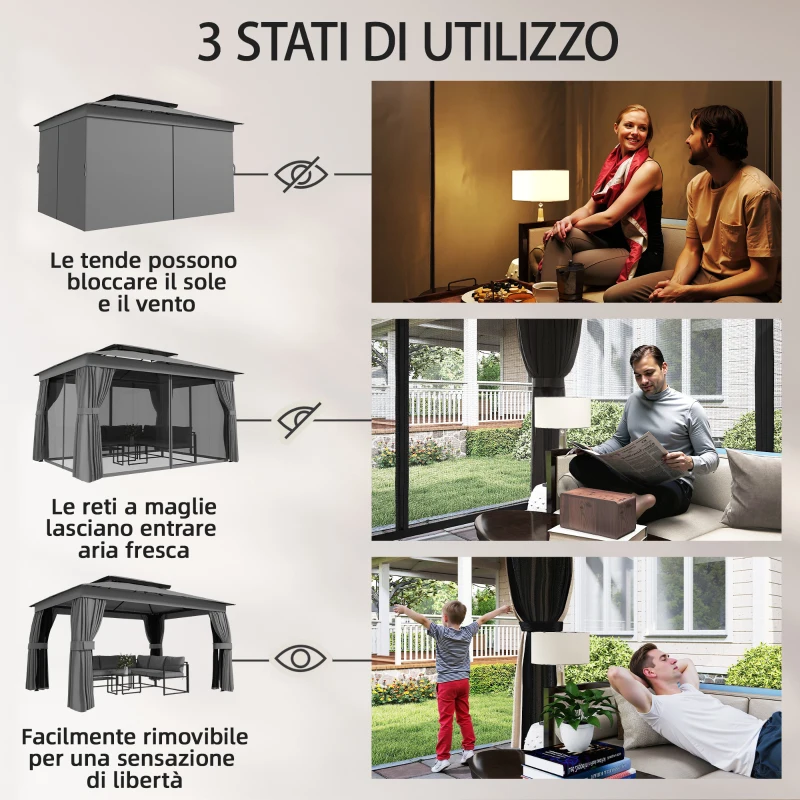 Outsunny Gazebo da Giardino a 2 Livelli con Zanzariere e Tende, in Metallo e Poliestere, 380x300x270 cm, Grigio Scuro