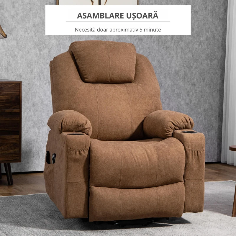 HOMCOM Scaun Electric Rabatabil cu 8 Puncte de Masaj și Telecomandă, Fotoliu Modern din Țesătură cu Efect de In, 90x101x107 cm, Cafea