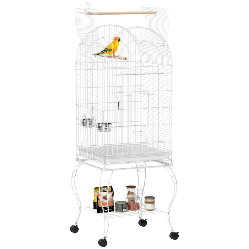 PawHut Jaula para Pájaros con Ruedas y Estante 51x51x153 cm con Parte Superior Abatible Comederos y Bandeja Extraíble Blanco