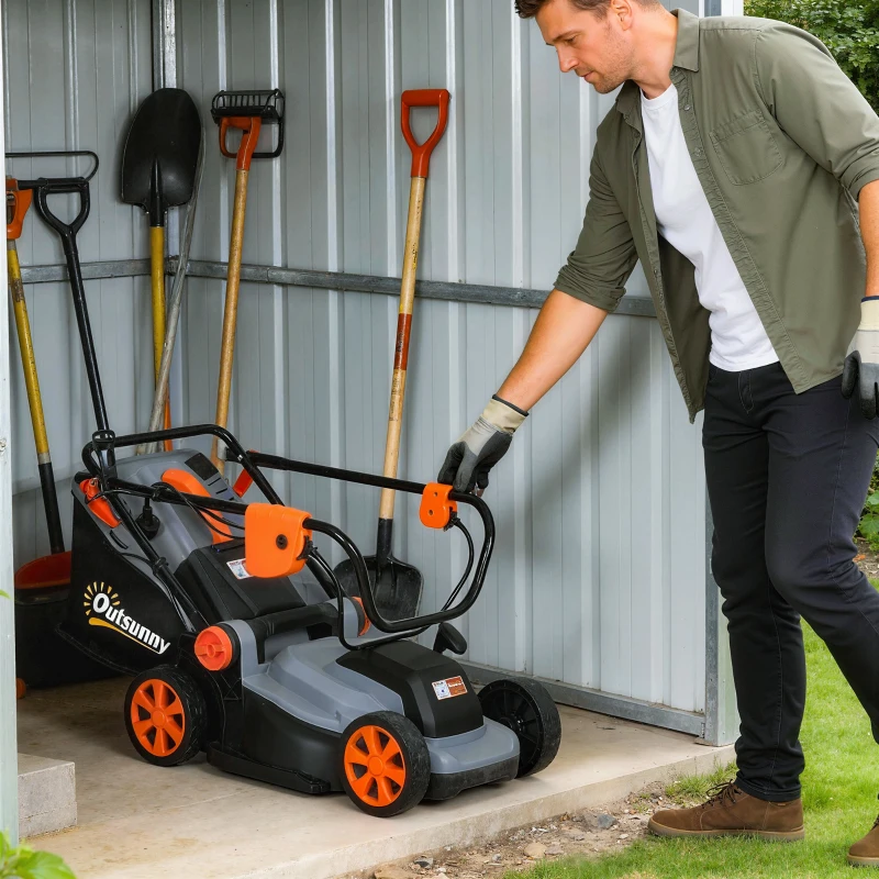 Outsunny Cortacésped eléctrico 1200 W con 34 cm de ancho de corte, cesta de 35 L, función mulching, 6 alturas de corte, mango regulable