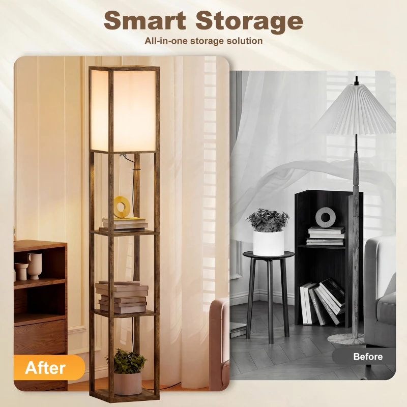 HOMCOM 3-Tier Floor Lamp, Floor Light with Storage Shelf, Reading Standing Lamp with Acrylic Shade for Living Room, Bedroom, Kitchen, Dining Room, Office, Dorm, 160cm, Brown