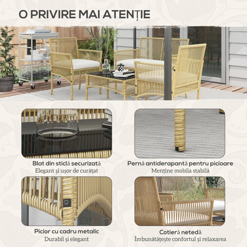 Outsunny Set de Exterior cu 2 Fotolii de Exterior, Canapea de Grădină și Măsuță de Cafea, 56x56x80 cm, Lemn Natural(m-6)